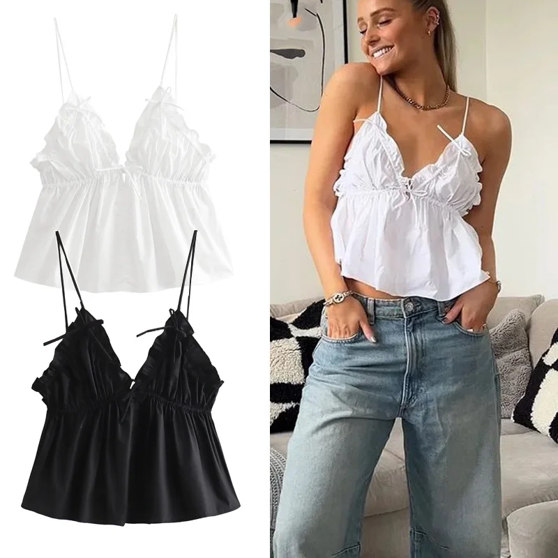 TRAF Sleeveless White Crop Top Woman 2024 Ruffle Backless Sexy Top Thin Straps Summer Tops Tied Corset Black Tank Top Women