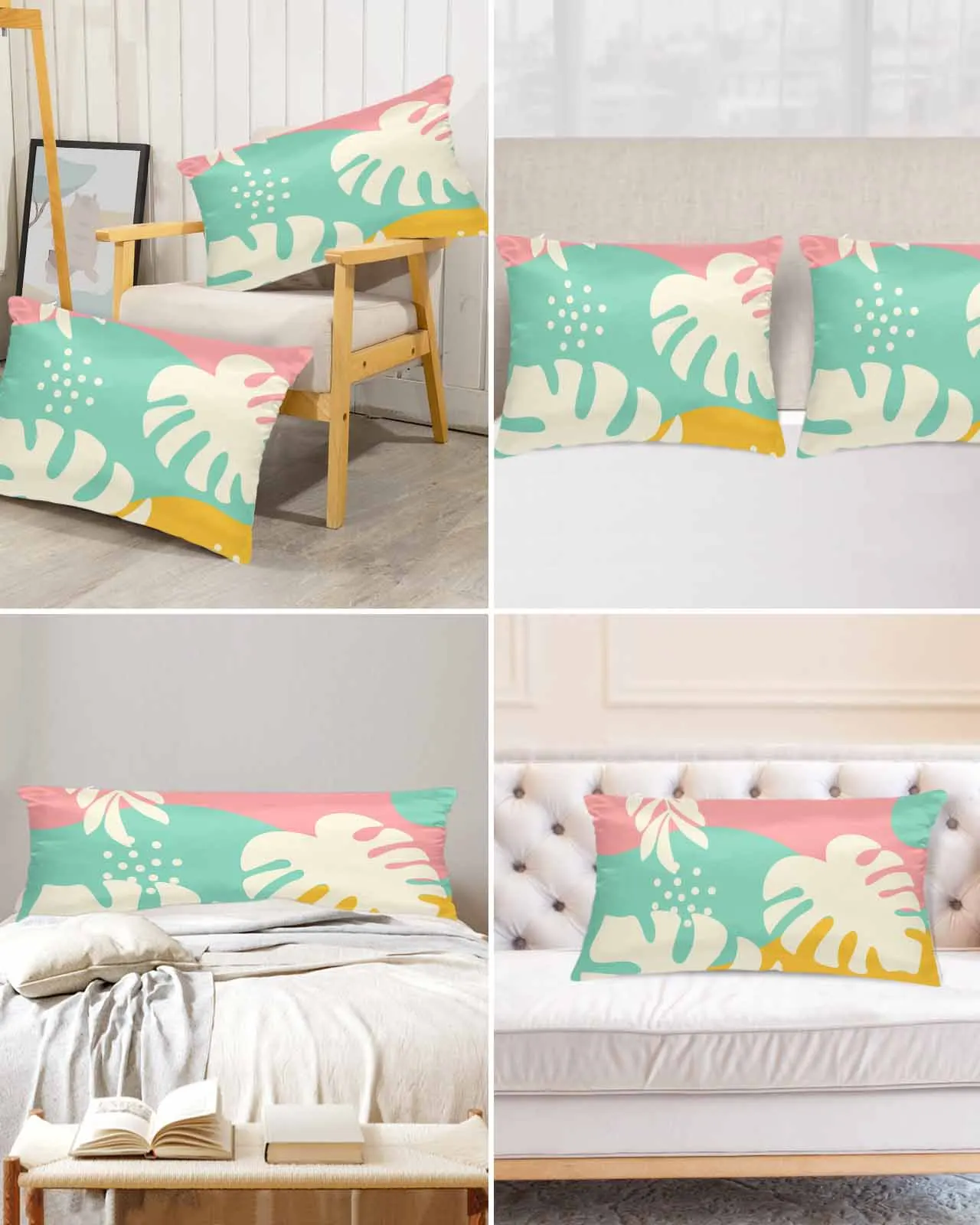 

Abstract Tropical Leaves Mid Century Bed Satin Pillowcase Modern Sofa Pillow Cover Case Bedroom Satin Cushion Covers Home Decor