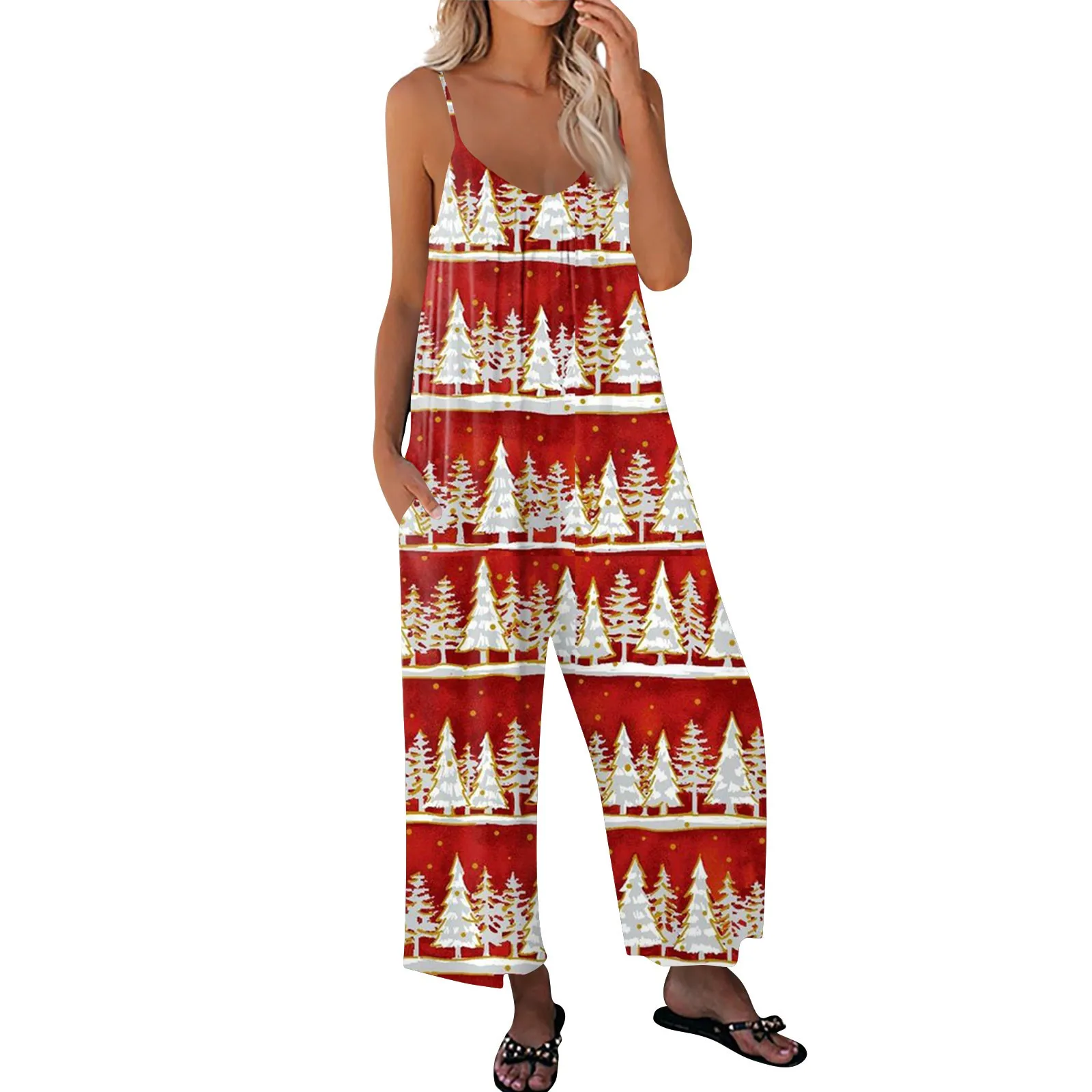 Women\'s Christmas Printed Jumpsuit Casual Loose Adjustable Suspender Jumpsuit Loose Versatile Sling Rompers Wide Leg Adjustable