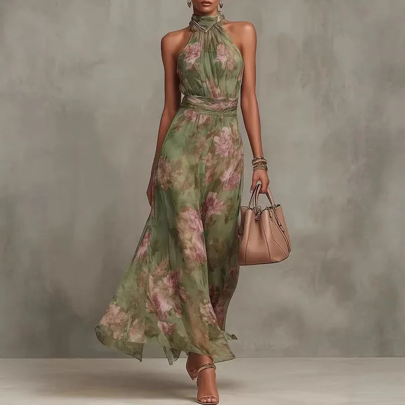 Elegante halter off-shoulder holle feestjurken voor dames, lente bloemenprint chiffon lange jurk, boho mouwloze zomer strandjurk
