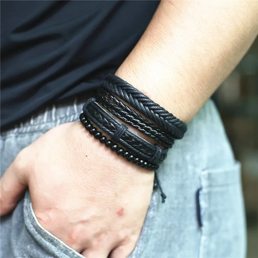 Black Feather Vintage Multilayer Leather Men Bracelet Set Braided Femme Homme Bead Wrap Women Bracelets Jewelry