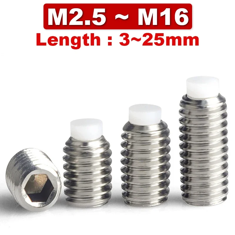 304 Stainless Steel Nylon Head Buffer Screw Plastic Head Plunger POM Machine Rice Top Wire Plastic Wave Bead M2.5,M3,M4,M5 M6~16