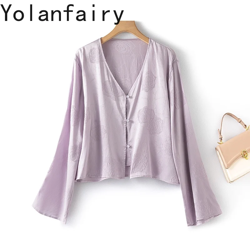 YOLANFAIRY 93% Mulberry Silk Long Sleeve Shirts Woman Elegant Purple Summer Tops Satin Rose Breathable Shirt Female Cardigan