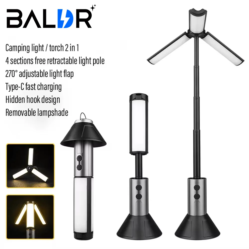 BALDR Folding Camping Light Portable Telescopic Lantern USB Rechargeable LED Flashlight Outdoor Work Tent Light with Stand Base