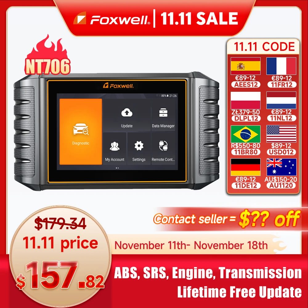 FOXWELL NT706 Car OBD2 Scanner with Check Engine/ABS/SRS(Airbag Scanner)/Transmission Code Readers Scan Tools with Battery Test