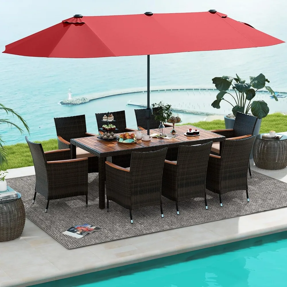 

10 Piece Patio Rattan Dining Set with Double-Sided Umbrella,Outdoor Heavy Duty Acacia Wood Table and Stackable Wicker Chairs Set