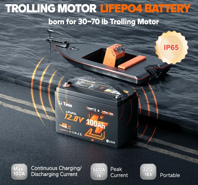 Picture 7: LiTime 100AH Group 31 TM 12V Bluetooth 100A 4000 Cycles 100% DOD BMS Marine Trolling Motor Lithium Ion Battery Pack 100% DOD BMS