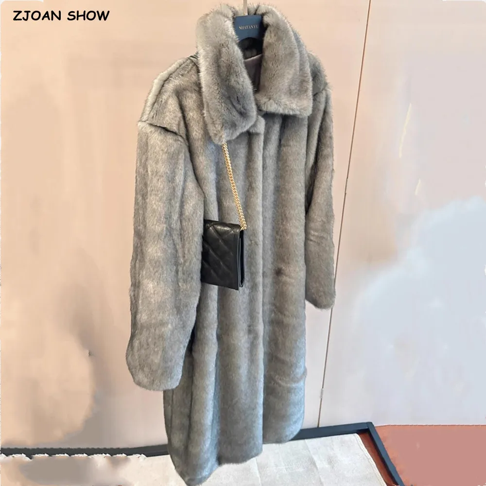 

Высококачественная зимняя шуба с воротником с лацканами, волосатое лохматое серое пальто из искусственного норкового меха, женская теплая верхняя одежда миди с длинными рукавами, модная