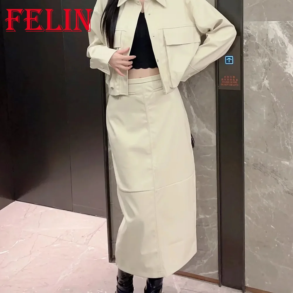 TRAF 2023 Autumn Leather Solid Slim Skirt Double Pockets Straight Women Clothes Korean Stylish Casual White Elegant Mujer Skirt