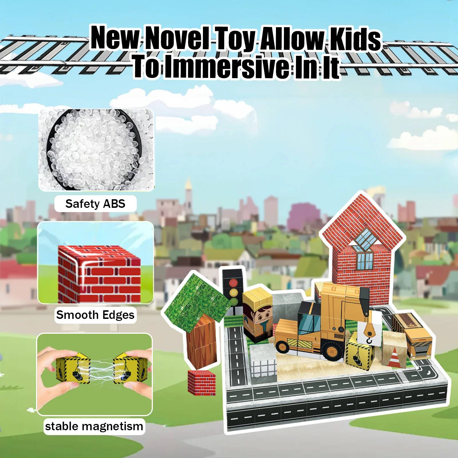 Conjunto de blocos de construção magnéticos de 103 peças-brinquedos de haste de cidade de construção para crianças, kit de engenharia educacional com carros e sinais, criar