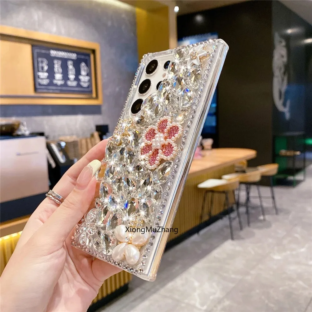 Glitzernde Rosa Perlen-Blumen-Hülle für Samsung Galaxy A36 A33 A53 A56 A73 A54 A55 A13 A57 A37 Strass Silber Diamant Cover – Detail 5