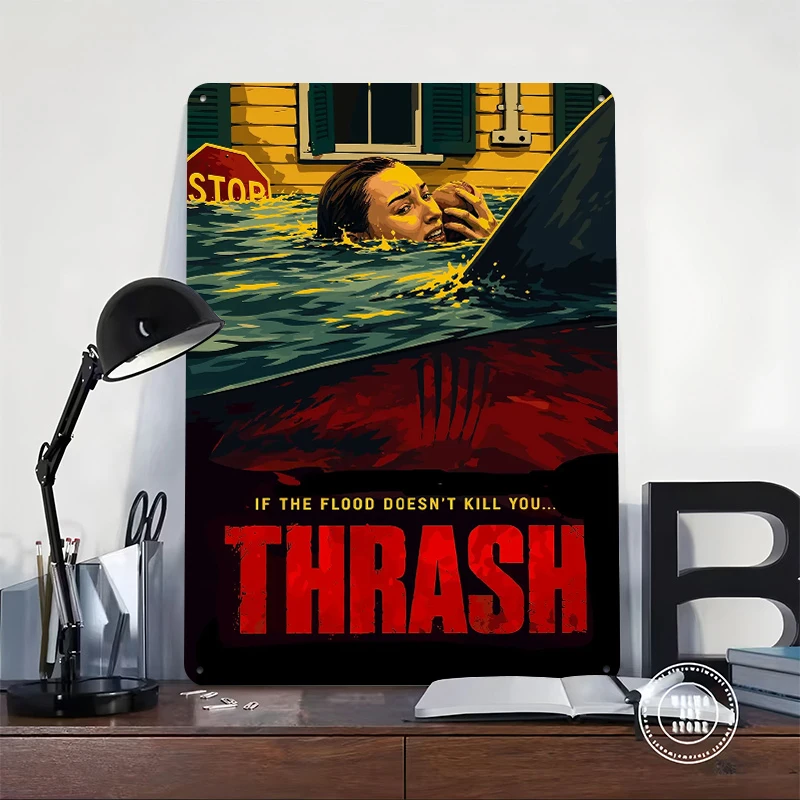 Shark Attack During Flood Tinplate Poster Customized Wall Art Retro Vintage Metal Signs for Fans Desk Decor Room Coffee Bar Home