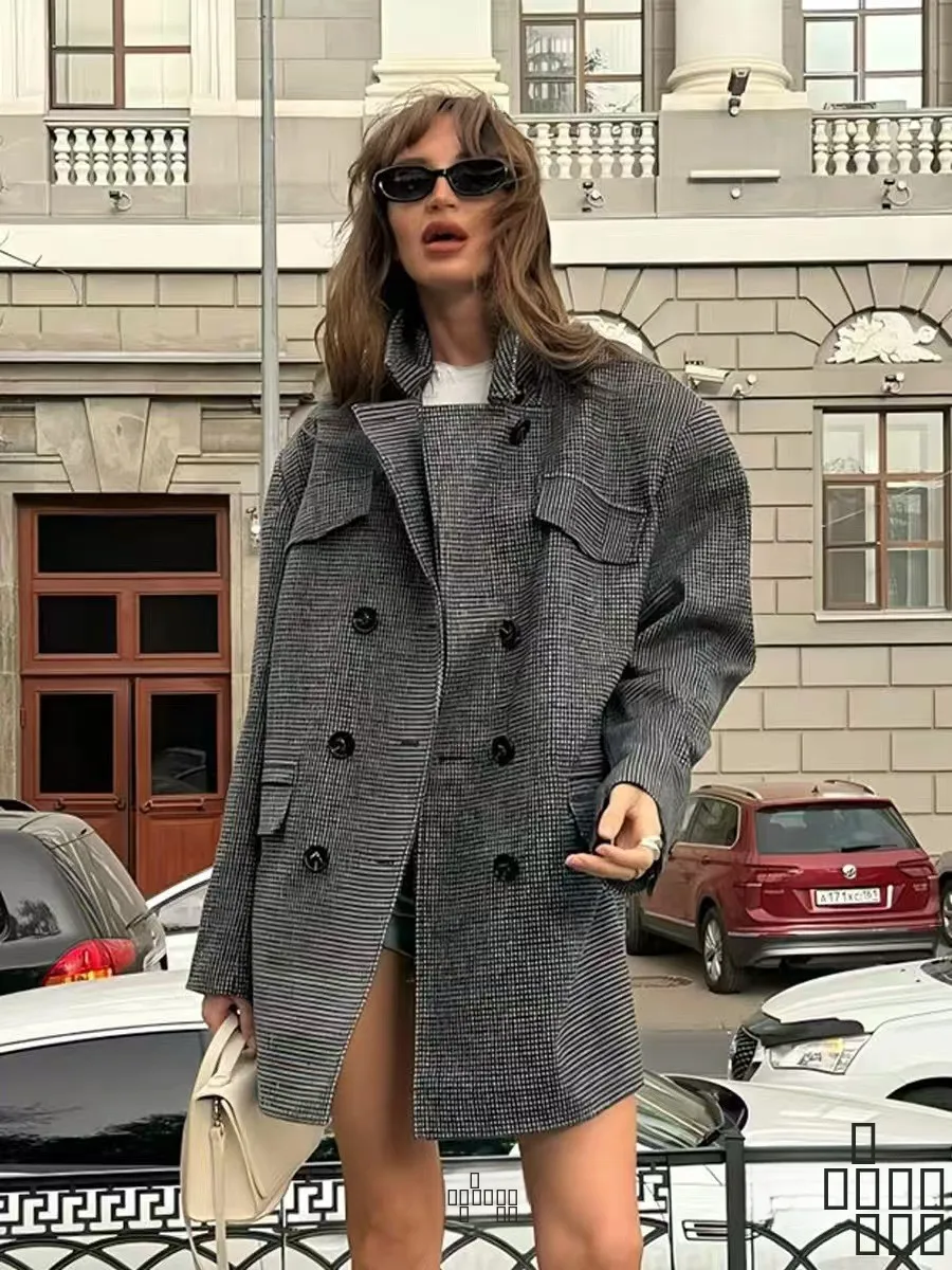 

Faionable Casual Loose Double Breasted Woolen Jaet Coat Women's Mid-Length Sve Long Collar Design Autumn Season