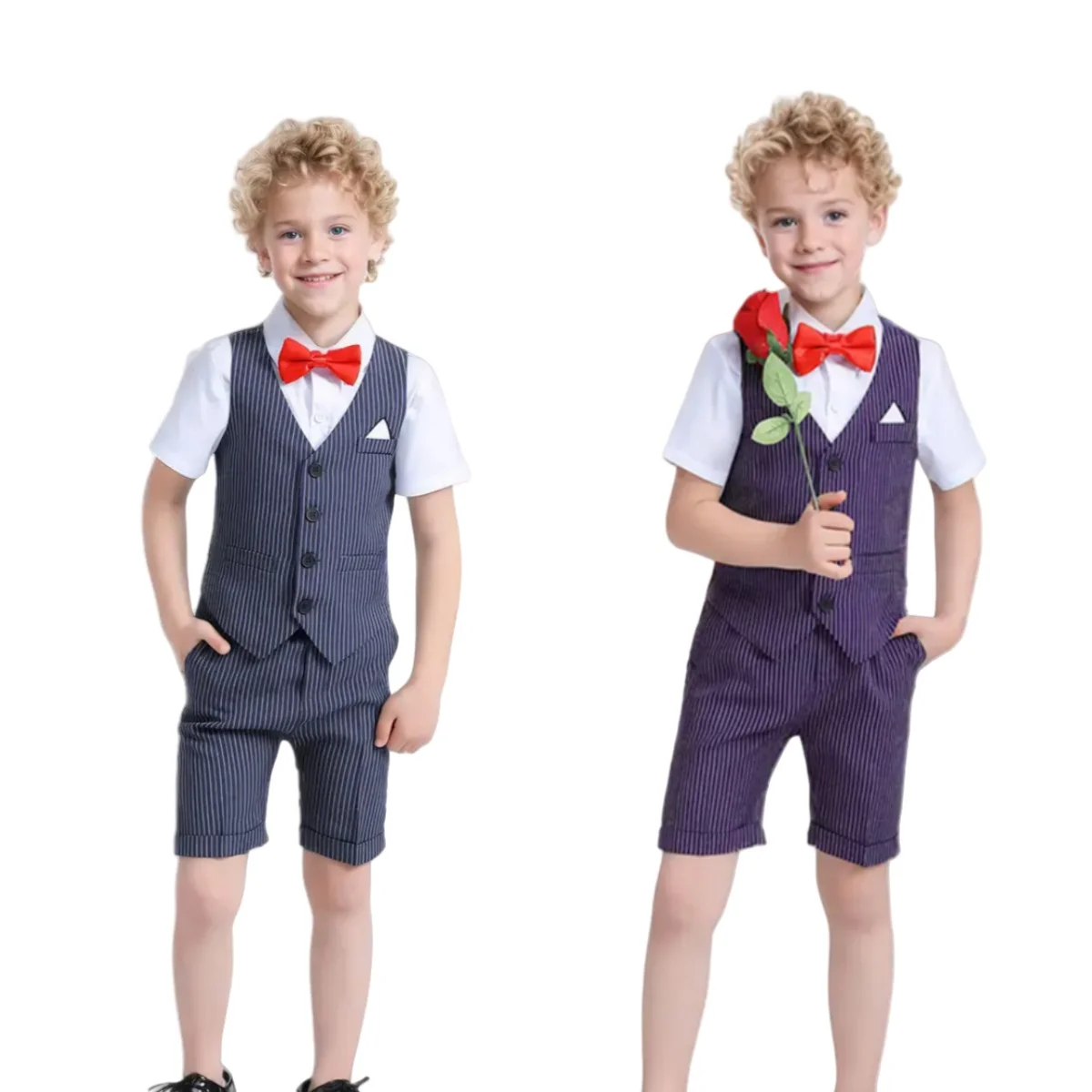 

Children Summer Purple Stripe 3Pieces/Set Vest Shorts Bowtie Wedding Dress Boys Birthday Outfit Suit Kids Formal Host Costume