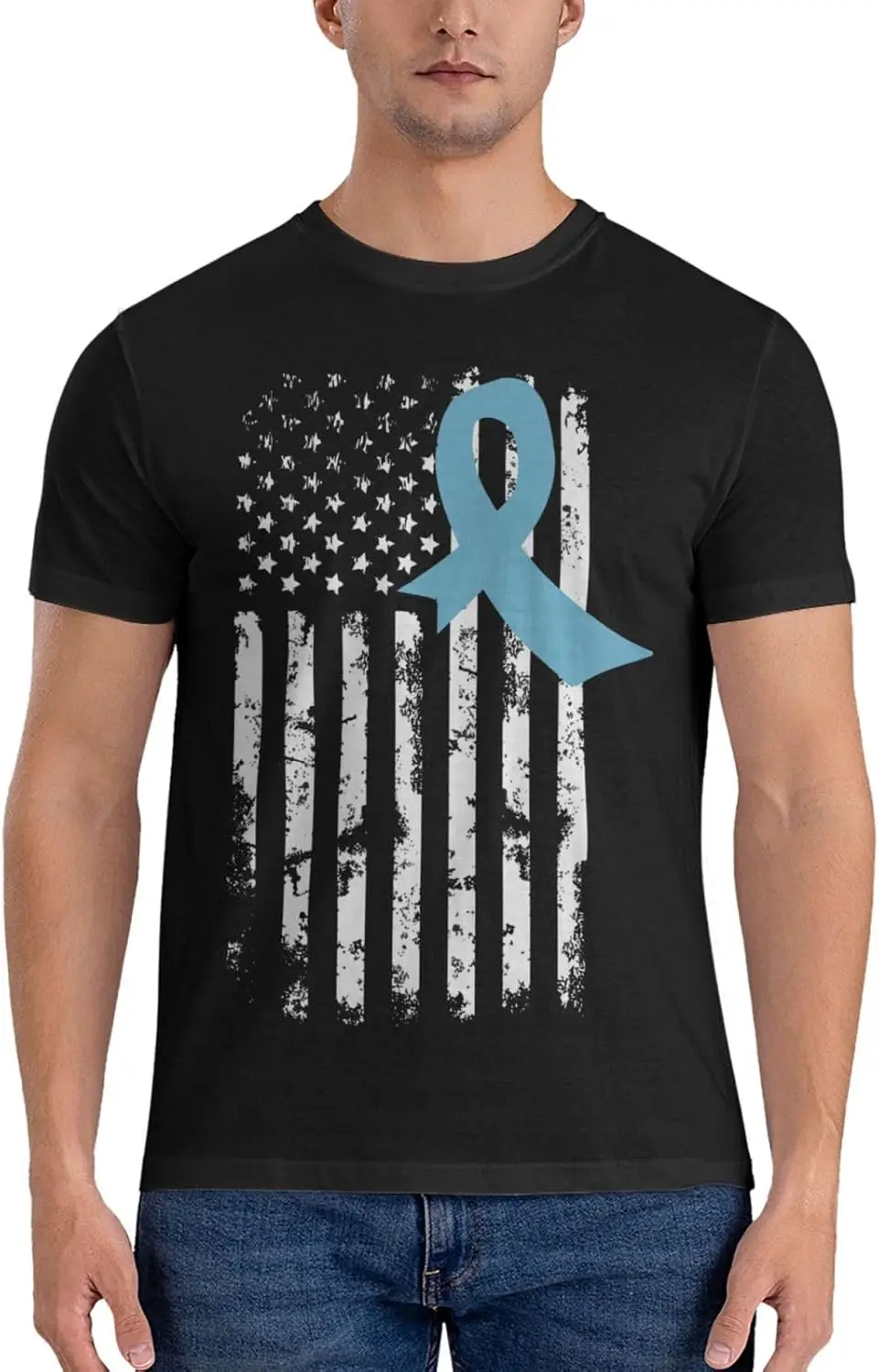 Prostate Cancer Awareness America Flag Light Blue Ribbon T-Shirt Vintage Short-Sleeve