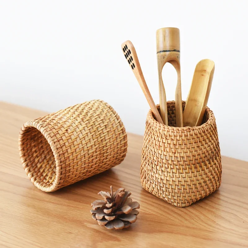 

Handmade Rattan Storage Box Cosmetic Pen Holder Tea Ceremony Accessories Tableware Storage Decoration Household Storage Basket