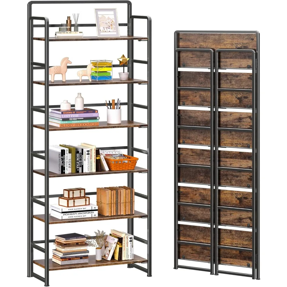 

No-Assembly 6 Tiers Folding Bookshelf Storage Shelves Vintage Bookcase Standing Racks Study Organizer Home Office (Rustic Br