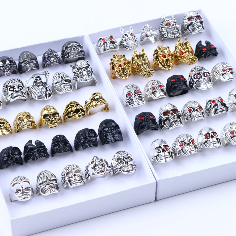 10Pcs/Lot Fashion Vintage Gothic Punk Big Skull Ring Men Women Retro Skeleton Mixed Style Jewelry Gift Accessories Wholesale