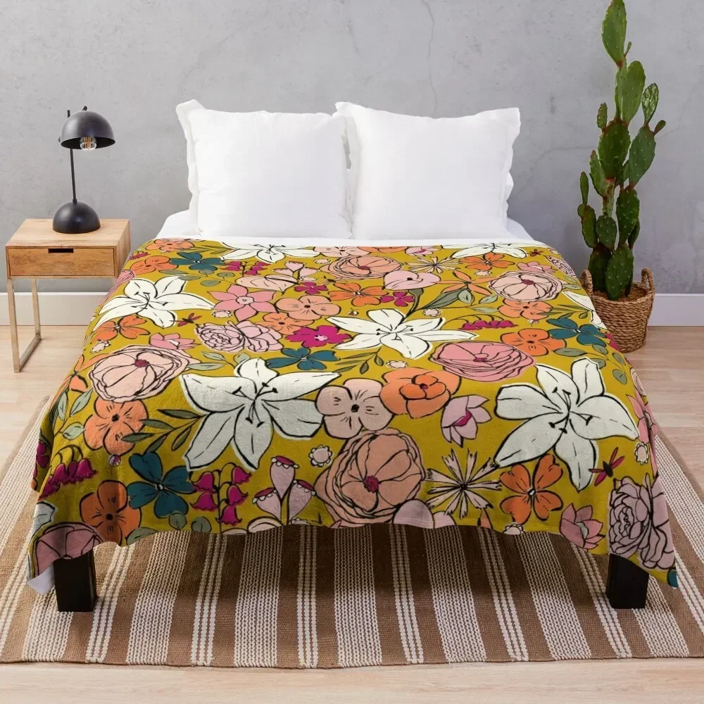 

Yellow Allover Floral Throw Blanket For Sofa Thin Designers Luxury Brand Blankets