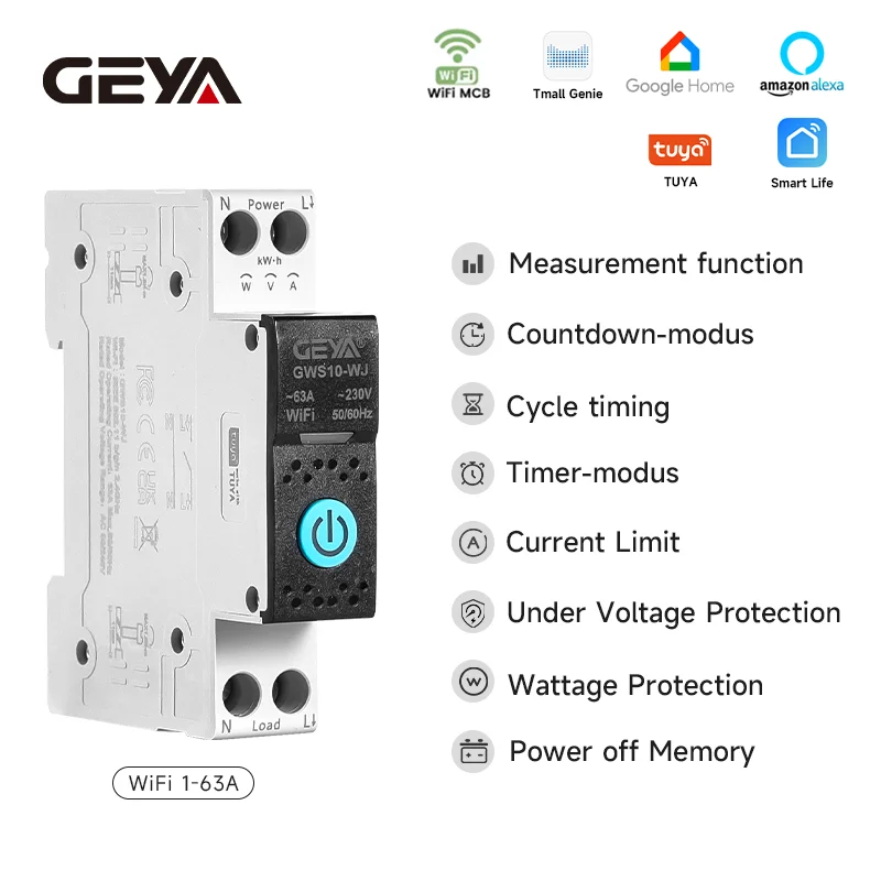 GEYA Wifi Mertering Smart Switch 1P + N 1-63A Control de aplicación con protección contra sobrecorriente y disyuntor de protección de voltaje MCB