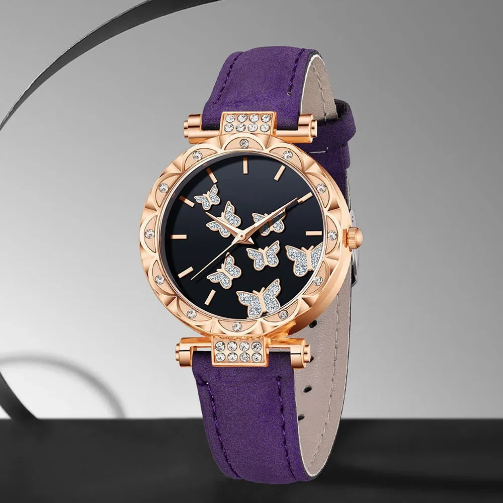5PCS Ladies' Fashion Light Luxury Quartz Watch Classic Butterfly Pattern Digital Diamond Face Women's Style