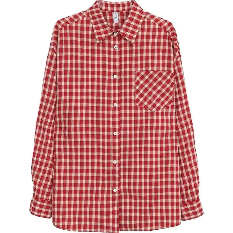 Harajuku Damen Rote Karierte Hemden Frühling Sommer Streetwear Hemden Langarm Kragen Knopfverschluss Retro Sonnenschutzkleidung – Detail 2