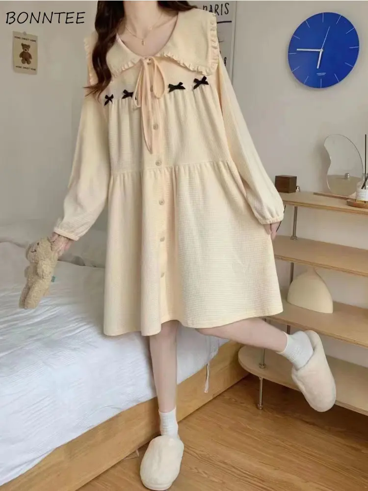 

Ночные рубашки для женщин длиной до колена в японском стиле Ins Kawaii, домашняя одежда с длинным рукавом и бантом, простые свободные модные осенние студенческие мягкие