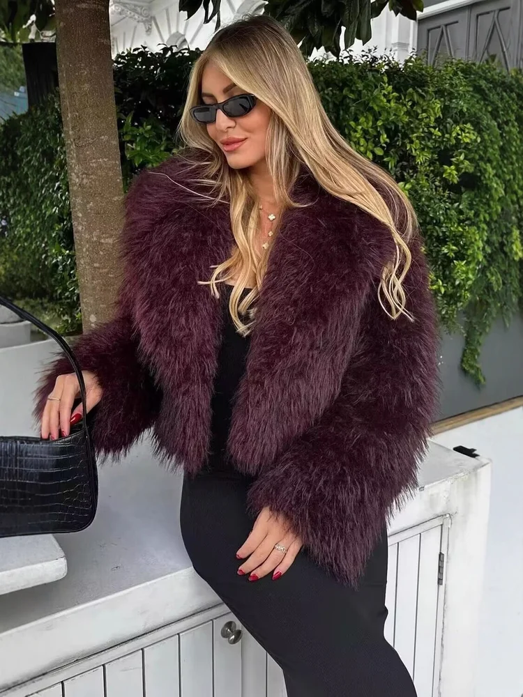 أنيقة عصرية بورجوندي فو الفراء للنساء شتاء دافئ الراقية التنقل مزاجه قصيرة بسيطة ملابس خارجية مريحة