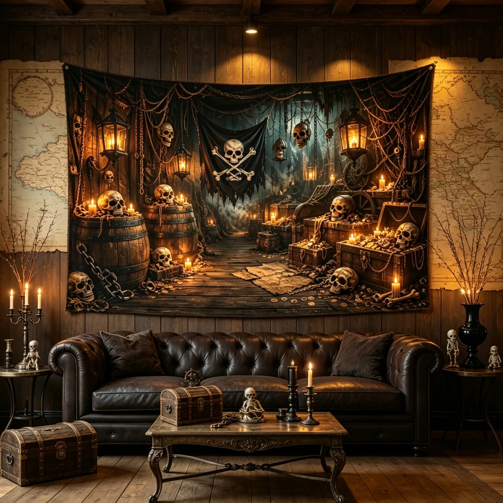 1PC Pirate Treasure Skull Halloween Print Backdrop Banner, Bedroom Photo Background, Polyester, Halloween Party Decoration