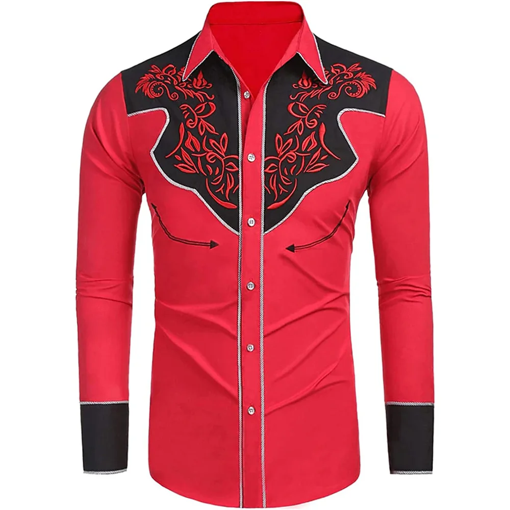 Men Western Cowboy Color Block Embroidery‑Style Long Sleeve Shirt Lapel Collar Button‑Up Polyester Casual Blouse