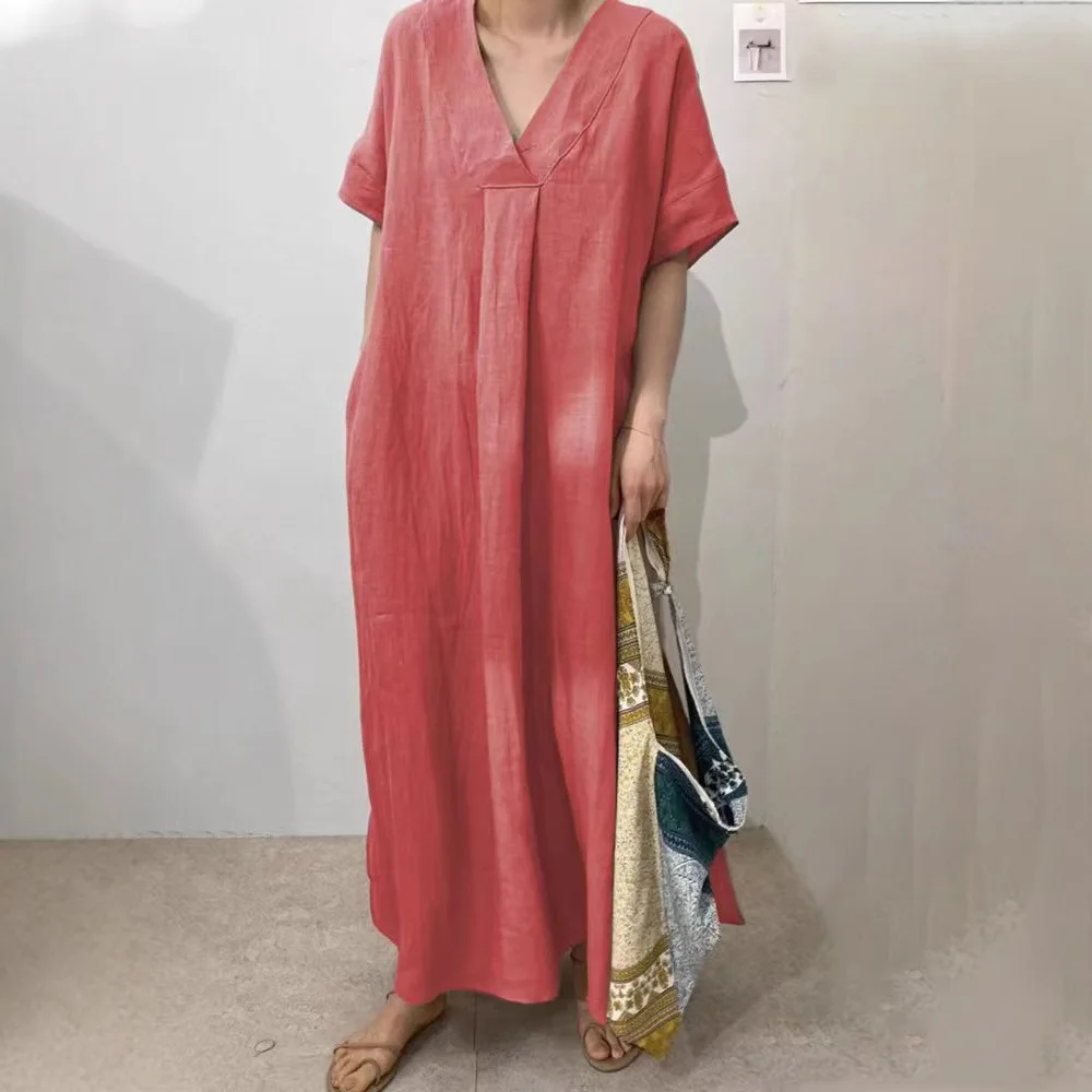 

Summer Women's Casual And Fashionable Solid Color V-neck Dress Elegant Ladies Short-sleeved Seaside Vacation Long Skirt 2025