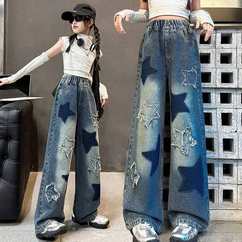 5 6 8 10 12 14 Years Girls Jeans Pants Spring Autumn New Five-Pointed Star Print Wide-Leg Pants For Teen Girls Fashion Trousers