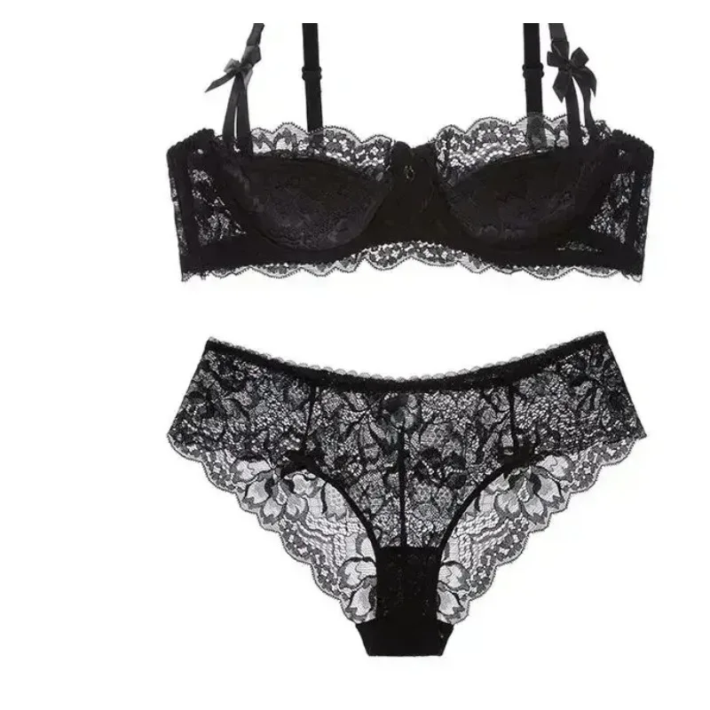 KUCLUT  French Lace Bralette Set Breathable Non-Padded Bra for Petite Sheer Floral Lingerie Wireless Comfort Anti-Gap Design