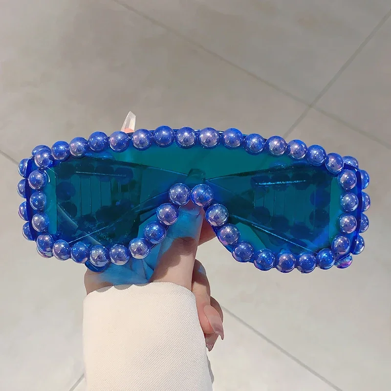 KAMMPT Women Chic Pearls Warp Around Sun Glasses Stylish Candy Color Decor Shades Original Brand Design Travel Holiday Goggle