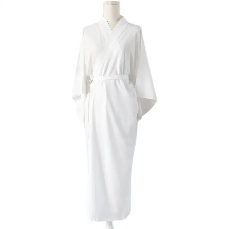 

White Traditional Japanese Kimono with Belt Robe Length Sleeves Yukata Lining Pajamas for Vacation Spa Hospital Deliver and Gym