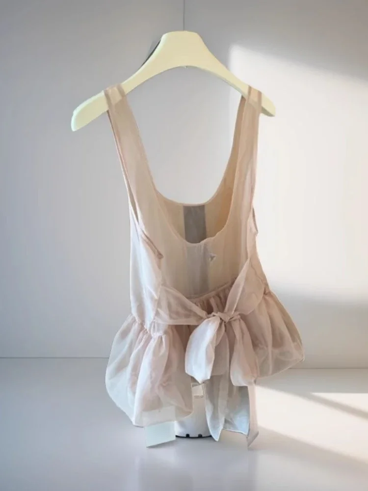 2025 المرأة الحلو عارية الذراعين ضمادة القوس تانك القمم Y2k الجمالية الشاش انظر من خلال بروتيل الجرونج الجنية الصيف الصلبة مطوي الدبابات #1