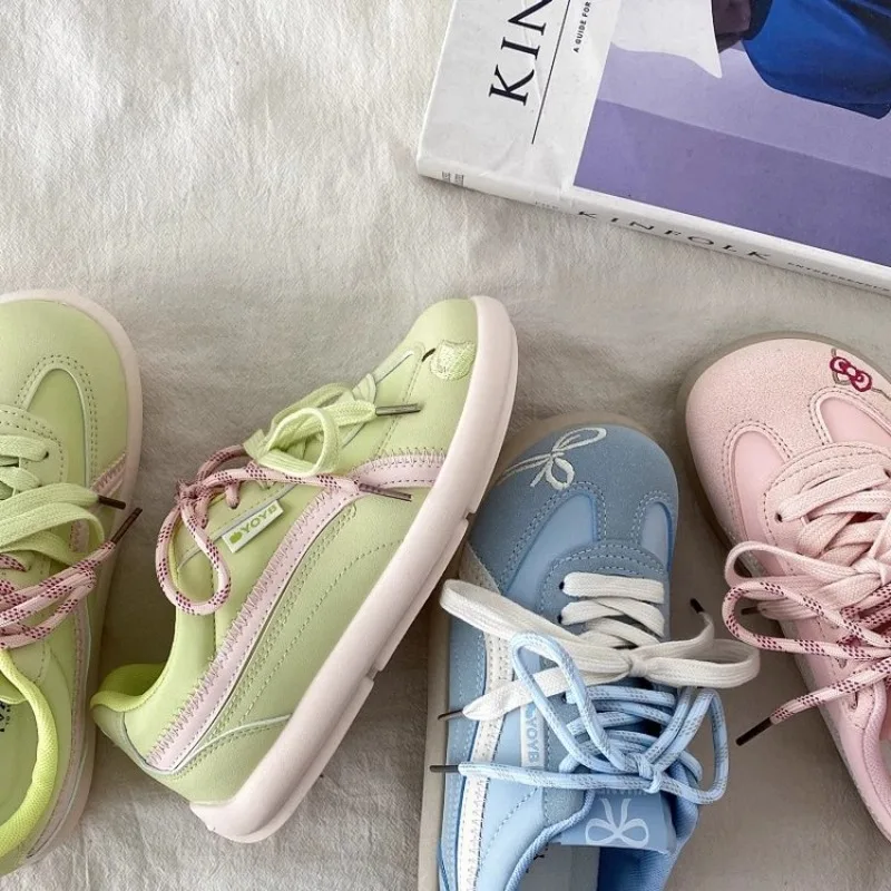 Women Macaron Color Retro Trainers, Bow Embroidery Flat Sneakers Fresh Color Block Casual Shoes