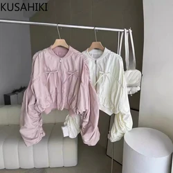 KUSAHIKI Koreaun 2024 Autumn New 3D Bow Jacket Causal Korean Zipper Drawstring Pleated Short Cardigan Coat