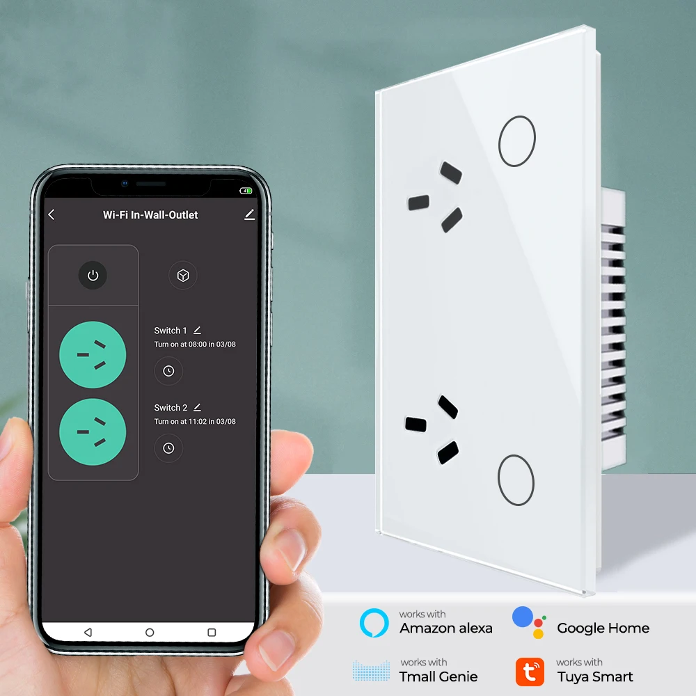 Imagem -02 - Tuya-tomada de Parede Casa Inteligente Painel Wi-fi Cristal Branco Temporizador Toque Voz Google Casa Alexa au 15a