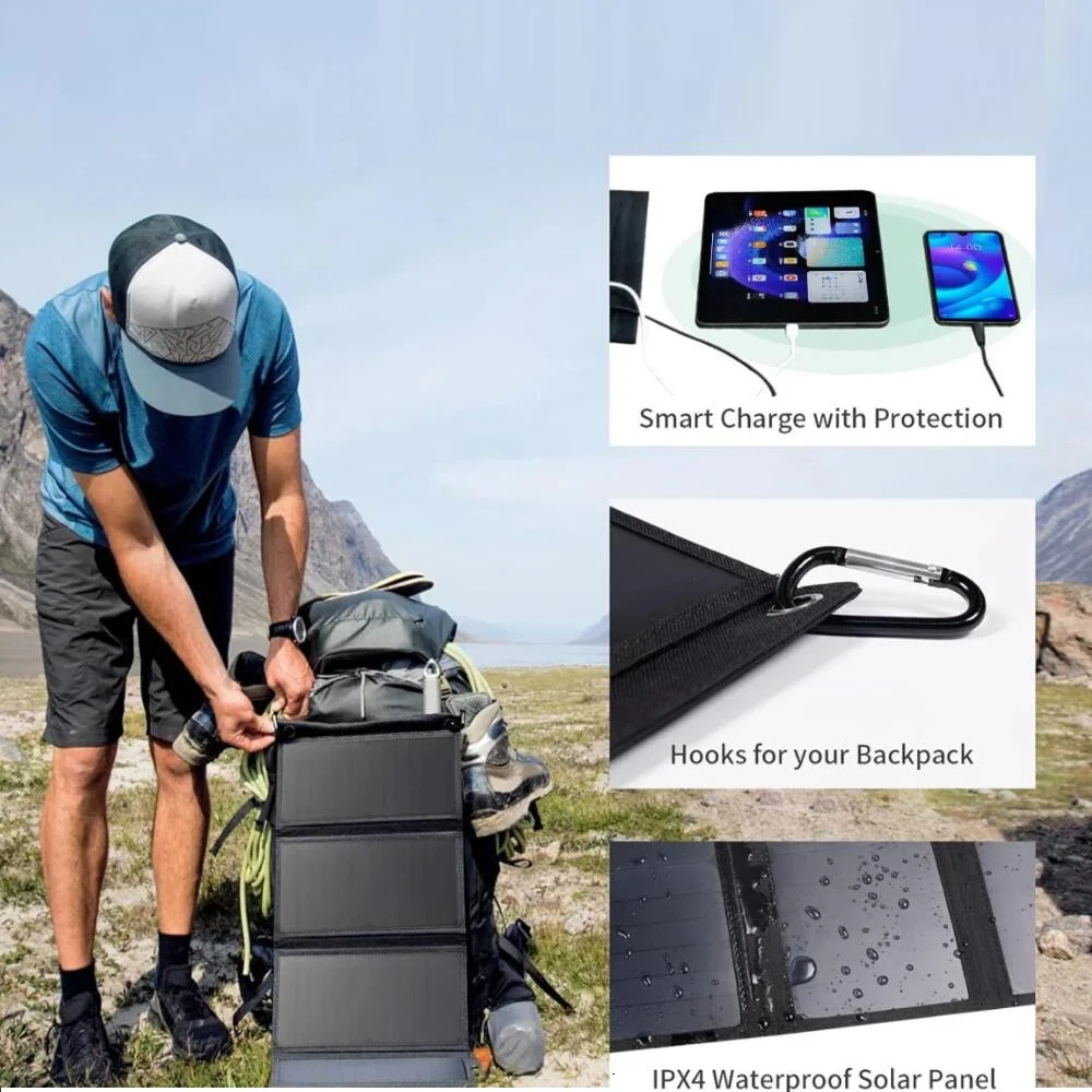 Charger Ponsel Panel surya 30W lipat, Power Bank untuk baterai ponsel USB/tipe-c luar ruangan tahan air