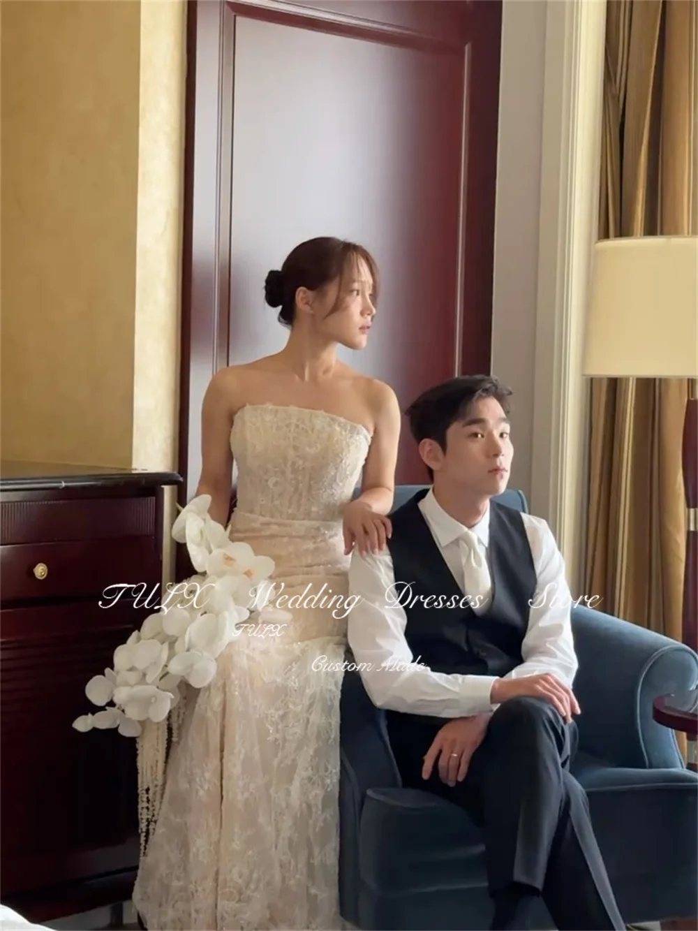 TULX Luxury Sparkly Lace Wedding Dress Korea Photo Shoot Strapless Mermaid Long Bridal Gowns Corset Customized 웨딩드레스 2025