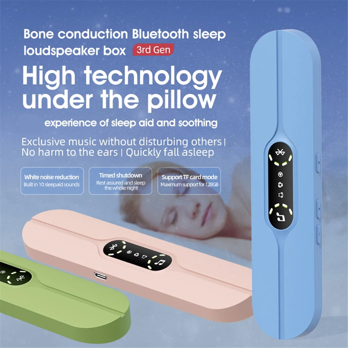 Yours Caja de música inalámbrica Bluetooth de conducción ósea Altavoz para dormir Pantalla LED Almohada para dormir Altavoz pequeño Bluetooth Azul