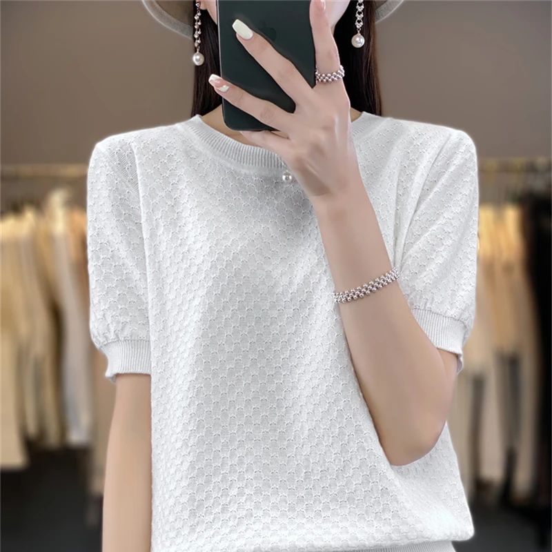 Pure Cotton Hollow Short-Sleeved Ladies Spring And Summer Loose Slim New Joker Knit Bottoming T-Shirt