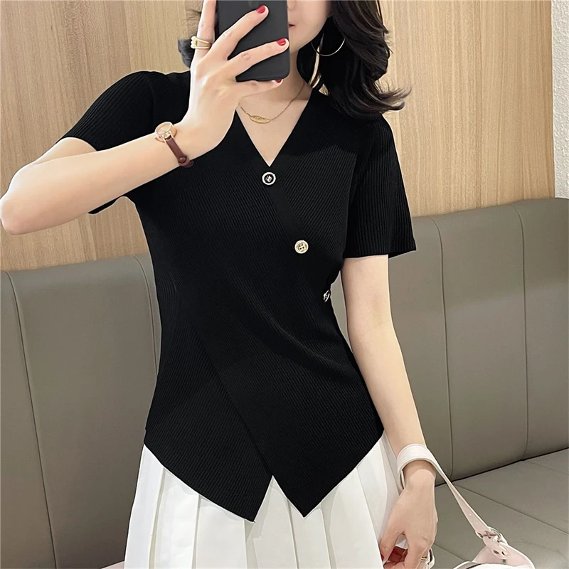 Women Korean Fashion Elegant Asymmetrical Slim Rib Knit T-shirt Summer Y2K Female Casual V Neck Short Sleeve Basic Pullover Tops