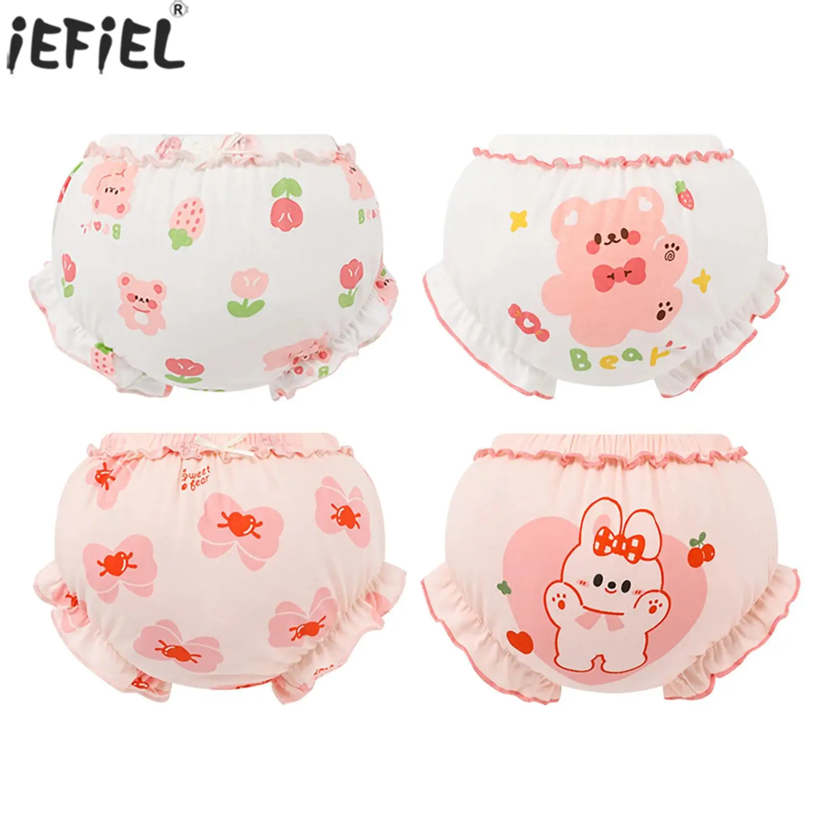 

4Pcs Infant Baby Girls Cotton Bloomers Cute Print Ruffle Bow Diaper Covers Assorted Toddler Summer Breathable Underwear Panties