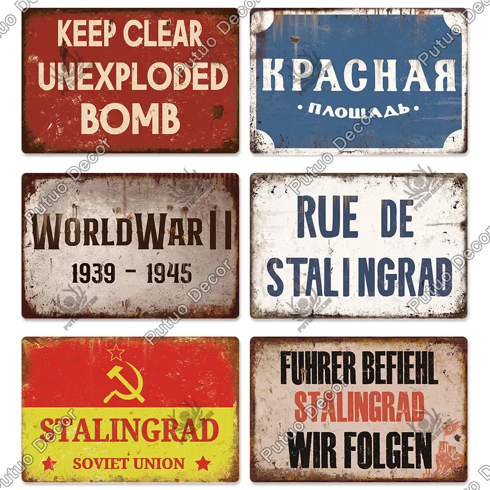 Putuo Decor Russian Stalingrad WW II History Metal Tin Sign Vintage Landmark Decorative Plaque for Bar Club Man Cave Wall Decor