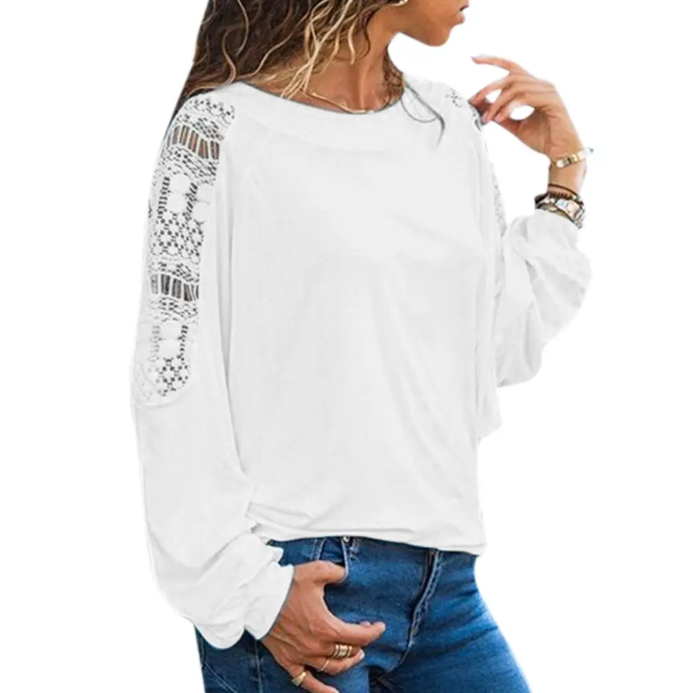 Women Autumn Solid Color Slim Lace Hollow Long Sleeve T-shirt Lady Casual Plus Size Pullover Loose Fashion Tops