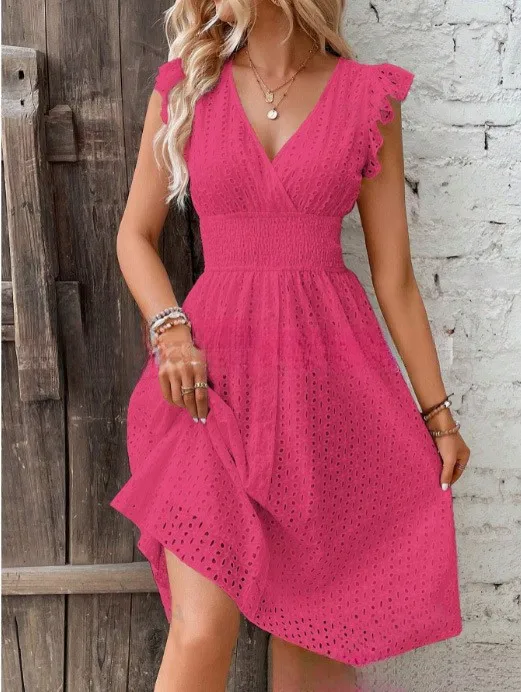 NONE Sommer Women V-Neck Beach Dress Solid Lace 7