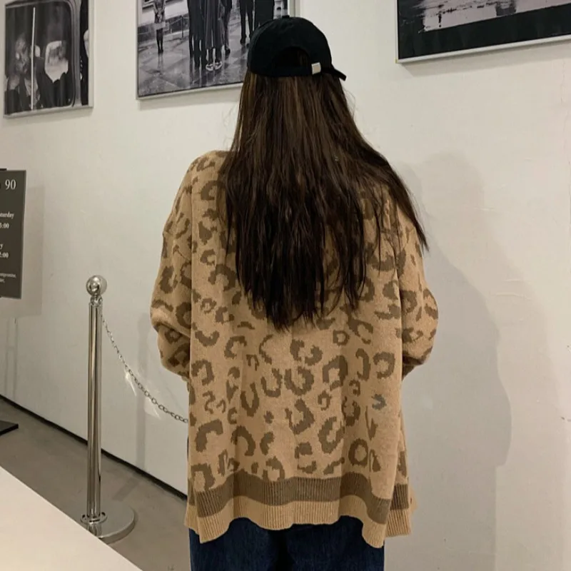 Women Cardigans Leopard All-match Vintage Sweaters Harajuku Baggy V-neck Single Breasted Jumper Mujer Lazy Knitwear Couples Chic