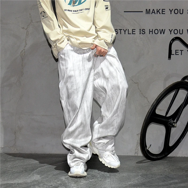 

European and American old jeans trousers men and women street hip-hop retro dirty white pants Korean fashion trousers men